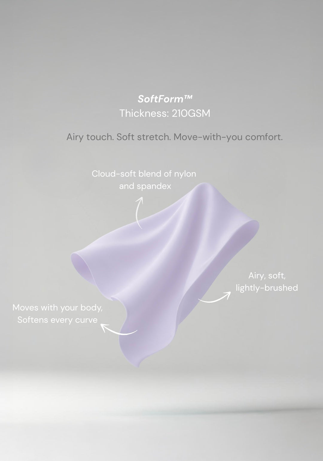 Purple fabric with text describing SoftForm thickness and comfort features on a light gray background